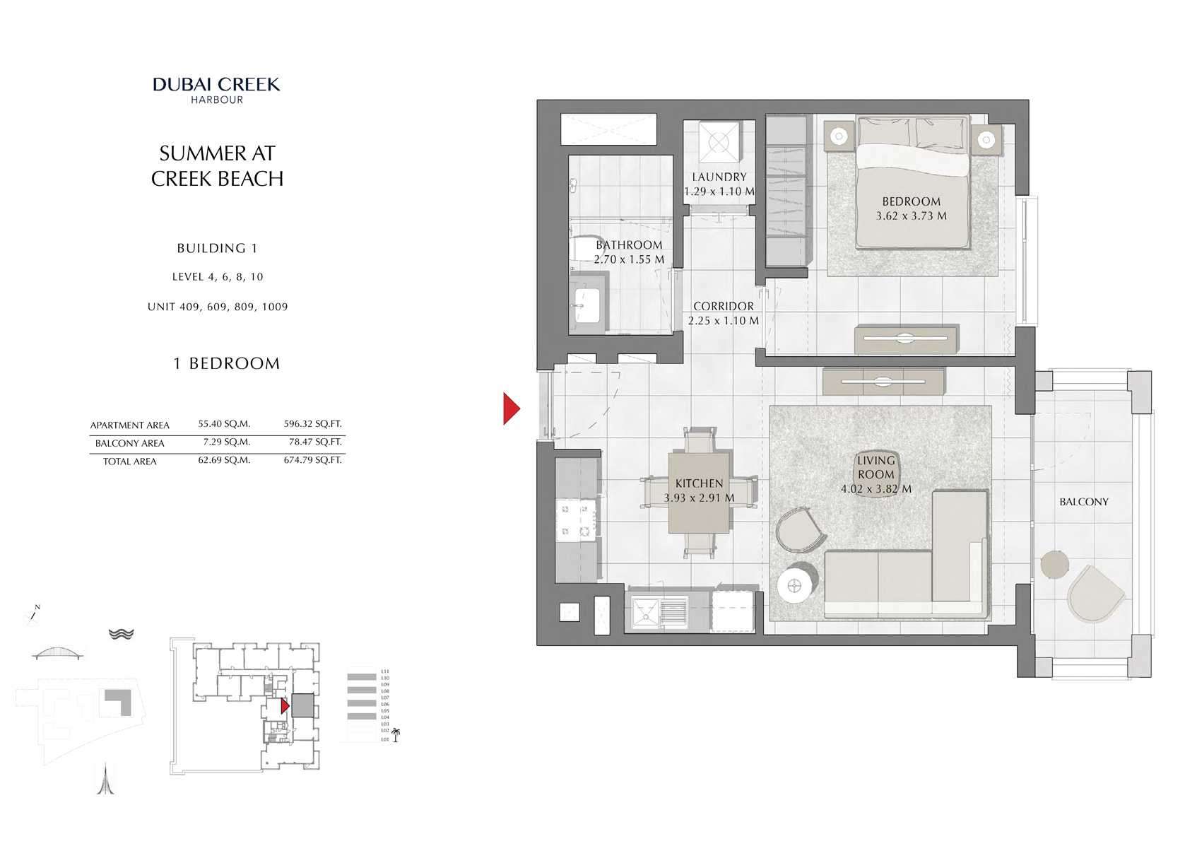 1 Br Building 1 Level-4-6-8-10 Unit 409-609-809-1009, Size 674 Sq Ft